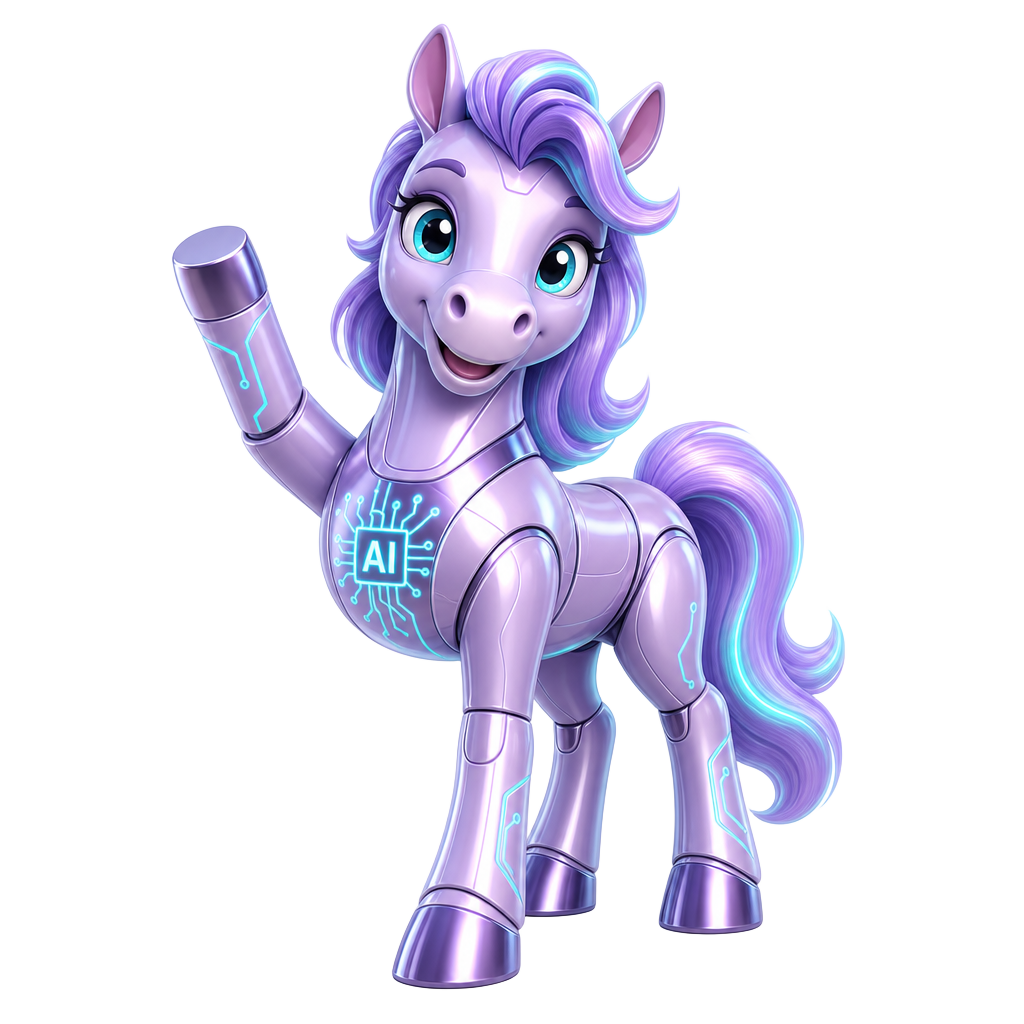 Nova, the aibusiness AI mascot — a friendly purple cyber-horse waving hello